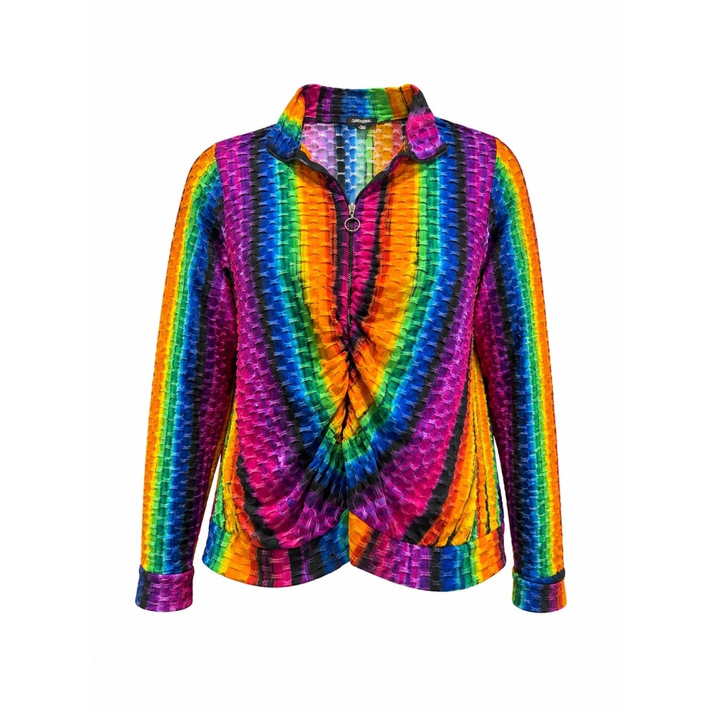 Rouge Collection Rainbow Popcorn Texture Zip Front Gathered Waist Jacket 2X